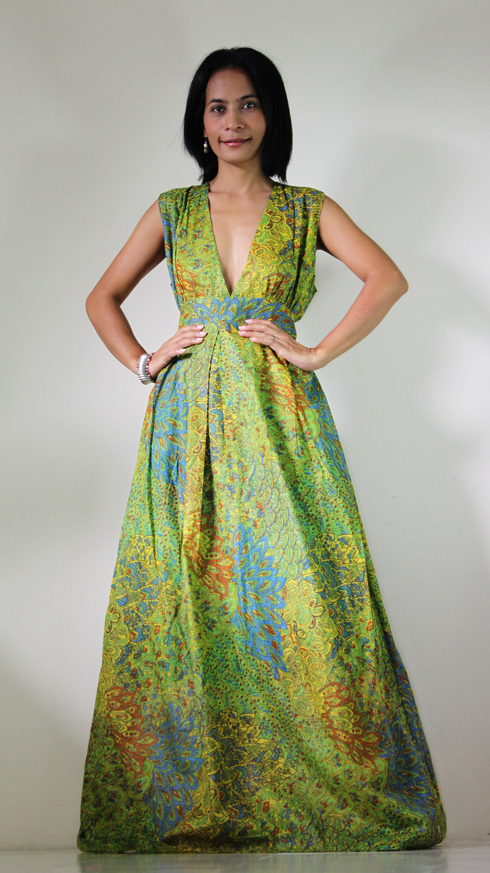 Peacock Maxi Dress - Boho Sexy Plunging V-neck Long Evening Gown ...