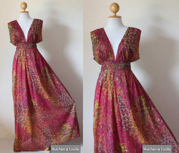 Peacock Maxi Dress - Boho Sexy Plunging V-neck Long Evening Gown : Oriental Secrets Collection