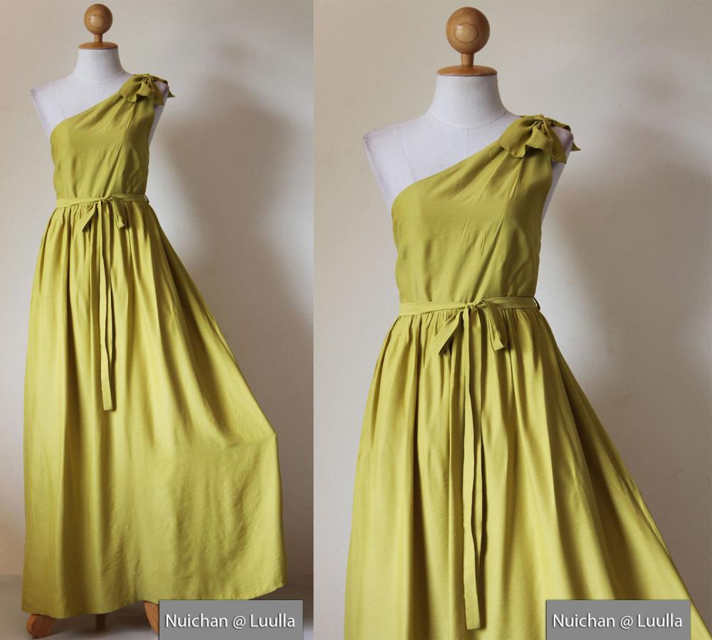 One Shoulder Dress - Bridesmaid Dress Long Evening Gown Green Yellow Maxi Dress : Prom Queen Collection