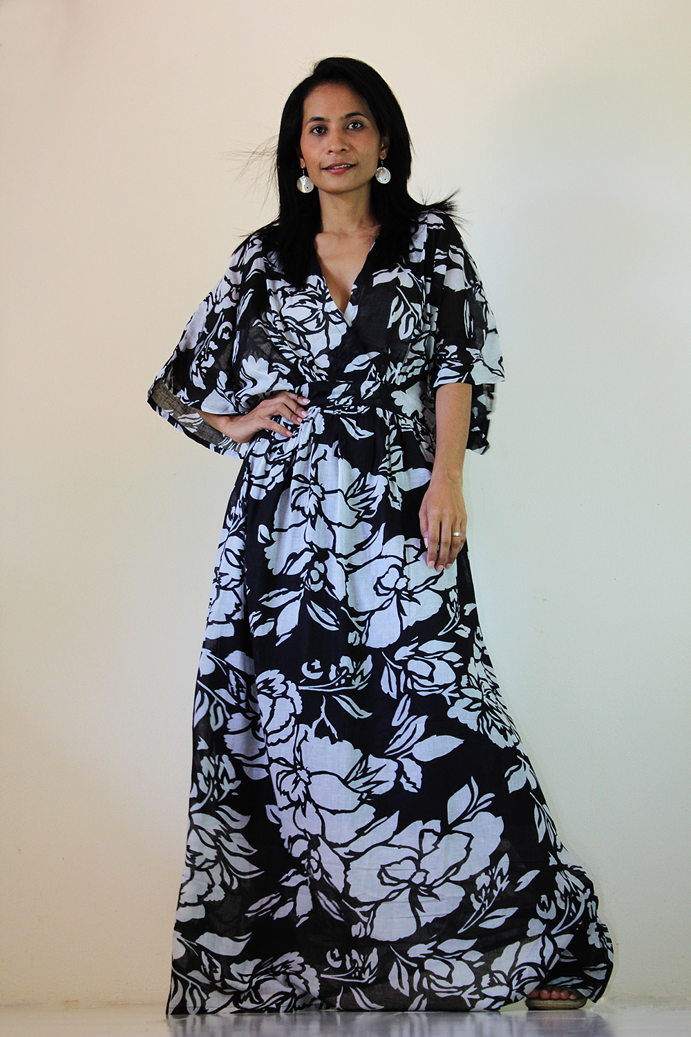 Black White Kimono Dress Women Kaftan Maxi Dress : Boho Kimono Collection