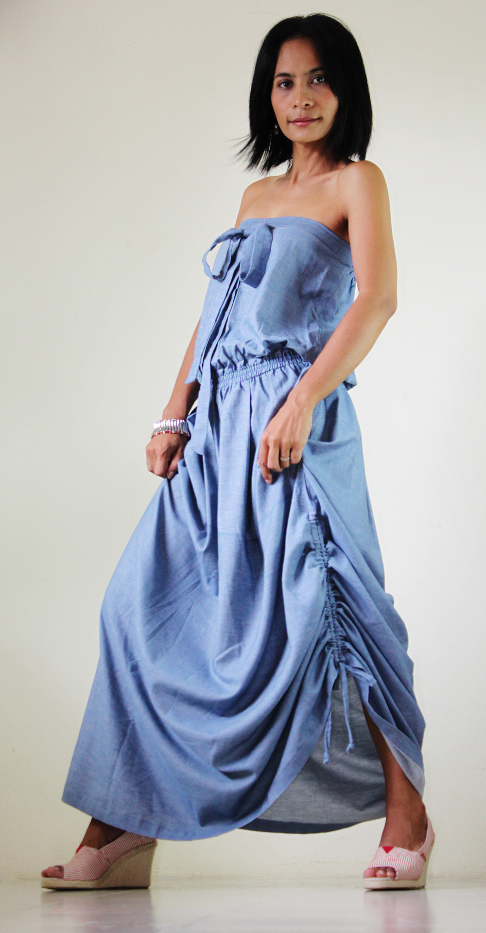 Denim Dress Long Light Blue Cotton Stonewashed Summer Maxi Sun Dress