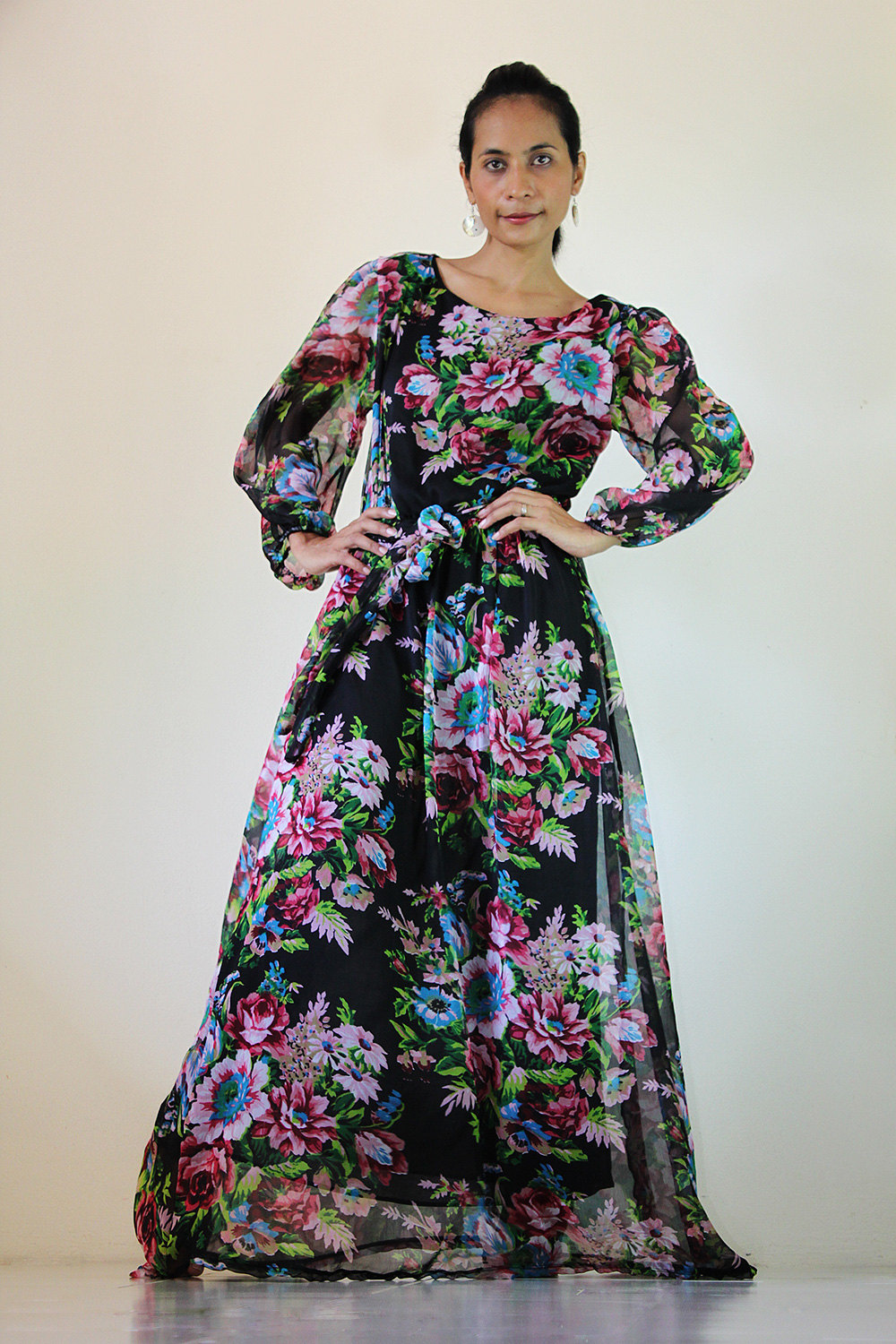 Black Chiffon Dress Long Maxi Dress Flower Print : Smooth as Silk Collection IV