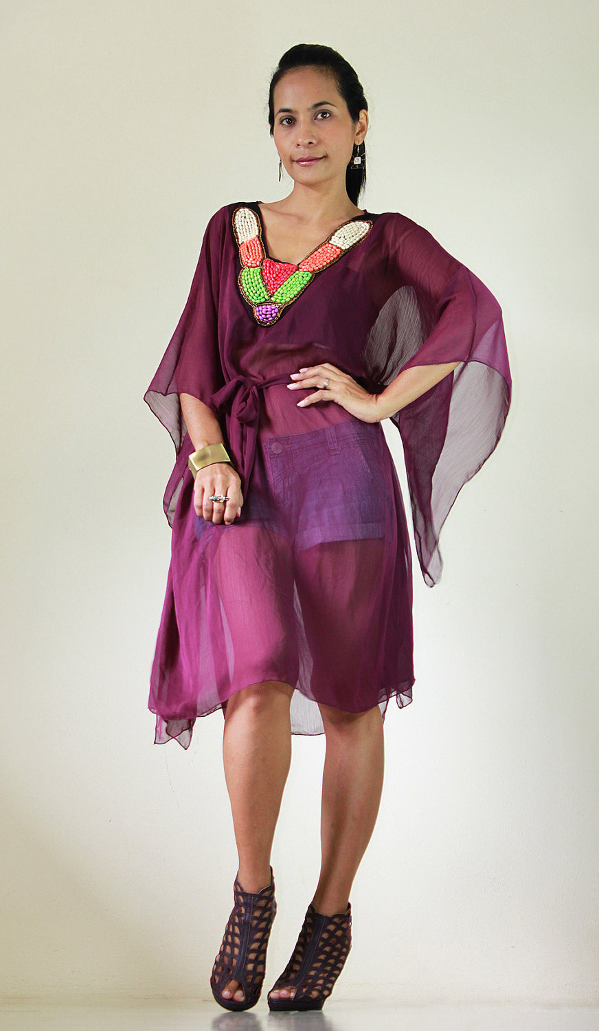Chiffon Kaftan Blouse Loose Fit or short butterfly purple dress with embroidered neckline : Eastern Delight Collection II