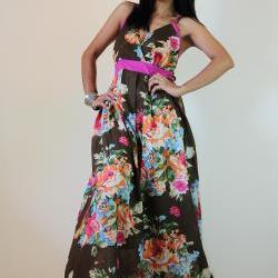 Floral Maxi Dress Bohemian Summer Cotton Cute V Neck : Sweetie Vintage Collection