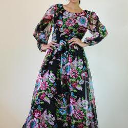 Black Chiffon Dress Long Maxi Dress Flower Print : Smooth as Silk Collection IV