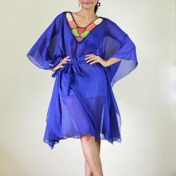 Chiffon Kaftan Blouse Loose Fit or short butterfly blue dress with embroidered neckline : Eastern Delight Collection II