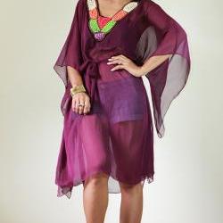 Chiffon Kaftan Blouse Loose Fit or short butterfly purple dress with embroidered neckline : Eastern Delight Collection II